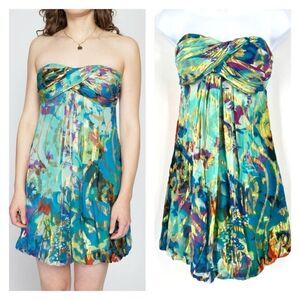 Y2K Cache Gold Metallic Strapless Mini‎ Dress Blue Silk Sz 0 XS Coquette Shimmer